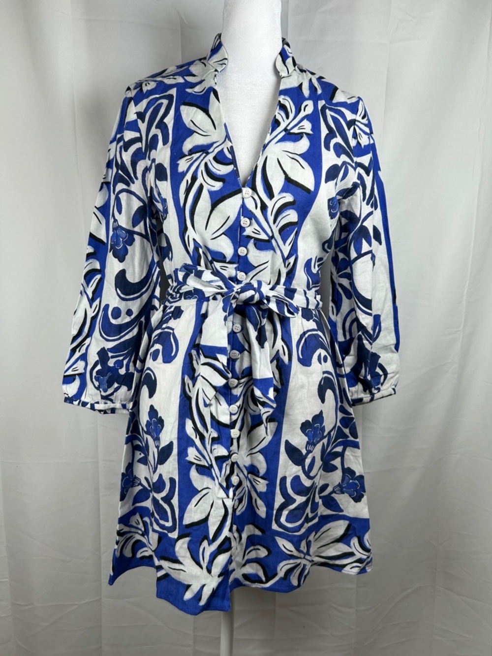 Zara Linen Blend Button Tie Mini Dress XS Blue White Mock Collar Short Sleeves